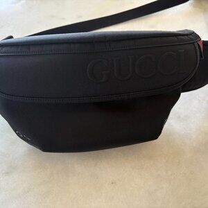 Gucci Men's Black Nylon Embossed Logo Belt Bag